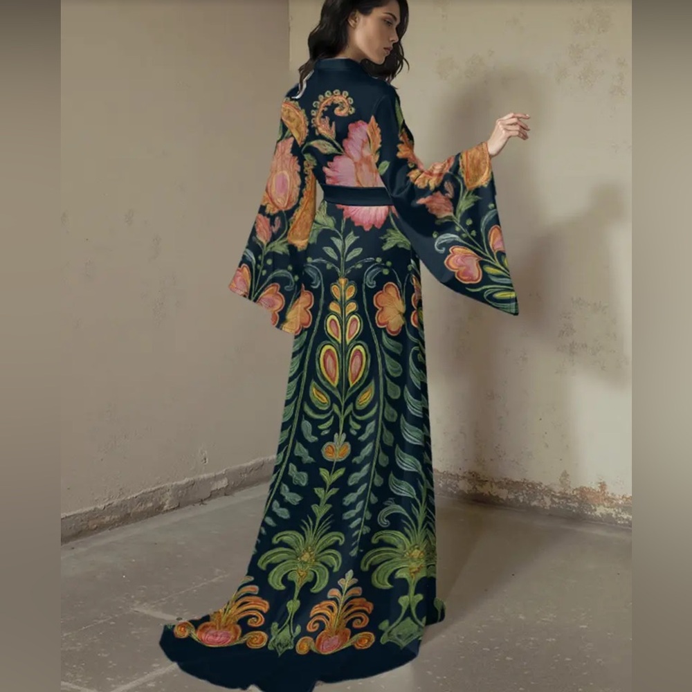 Bohemian Floral Kimono Maxi Dress - Black with Pink & Green - Picture 3 of 9